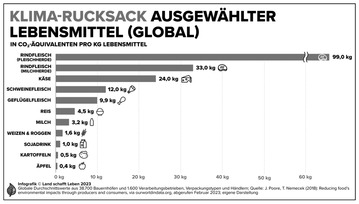 Balkendiagramm: CO2-Äquivalente pro kg für verschiedene Lebensmittel, Rindfleisch am höchsten, Äpfel am niedrigsten.